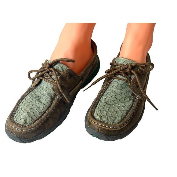 Twisted X Casual Shoe Women 6.5M Driving Moc Leather Brown/Teal Snake Skin Print - Picture 3 of 10